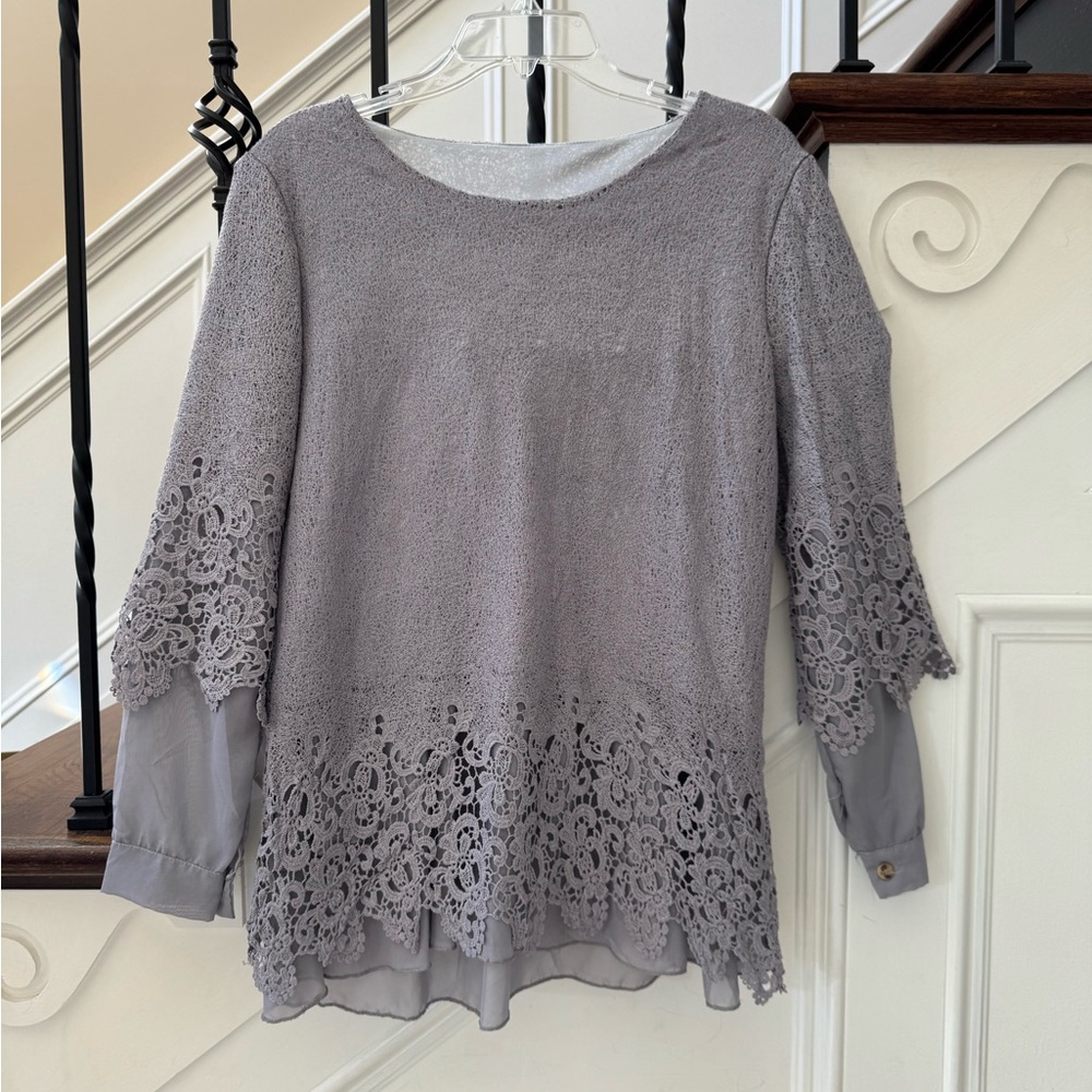 Source Unknown Gray Lace Blouse